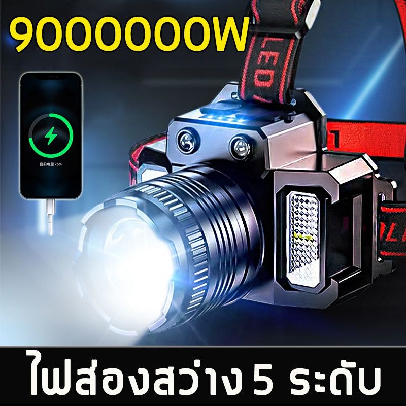 ไฟฉายคาดหัว แบบชาร์จได้ USB ไฟสว่างส่องไกลถึง100000 lumens ลุยฝนกันน้ำได้ ไฟคาดหัว ไฟฉายแรงสูง ไฟฉาย ไฟฉายคาดหัวแรงสูง