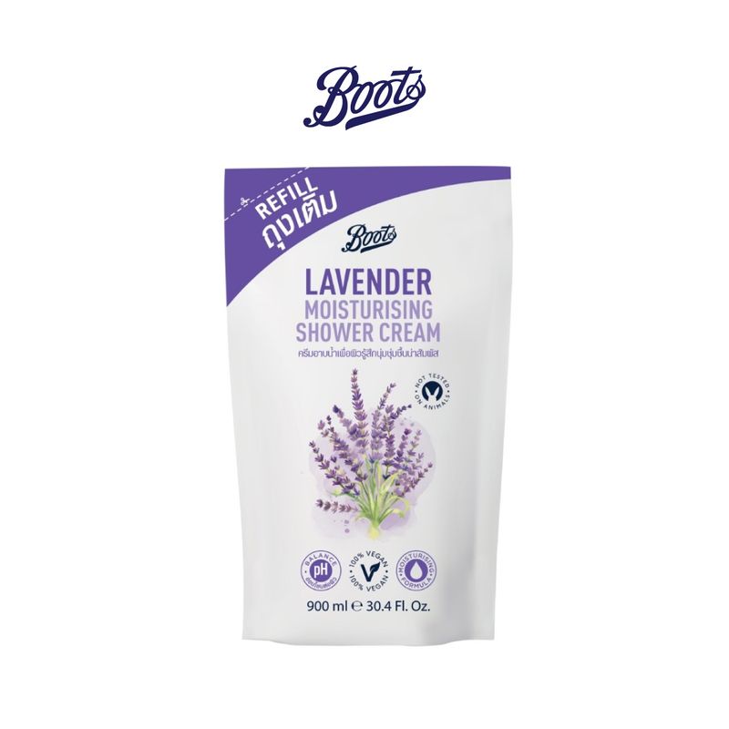 Boots Lavender Moisturising Shower Cream บู๊ทส์ ลาเวนเดอร์ มอยส์เจอร์ไรซิ่ง ชาวเวอร์ ครีม ชนิดถุงเติม 900 มล.