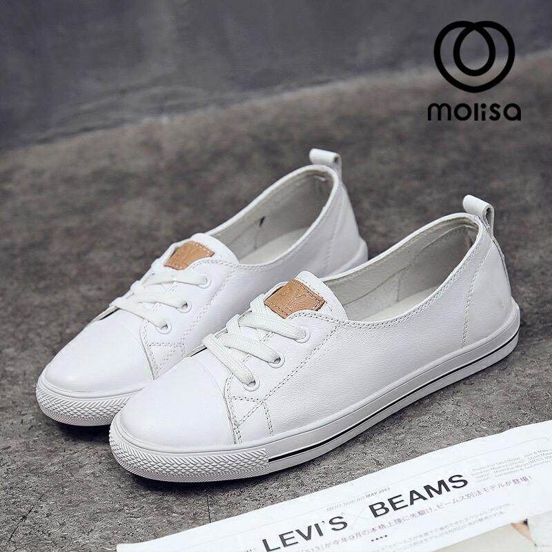 Molisa รองเท้า รองเท้าแฟชั่น รองเท้าทรงผ้าใบ หนังแท้ 100% Leather flat shoes sneakers shoes-1710 รองเท้าผ้าใบ รองเท้าผู้หญิง รองเท้า