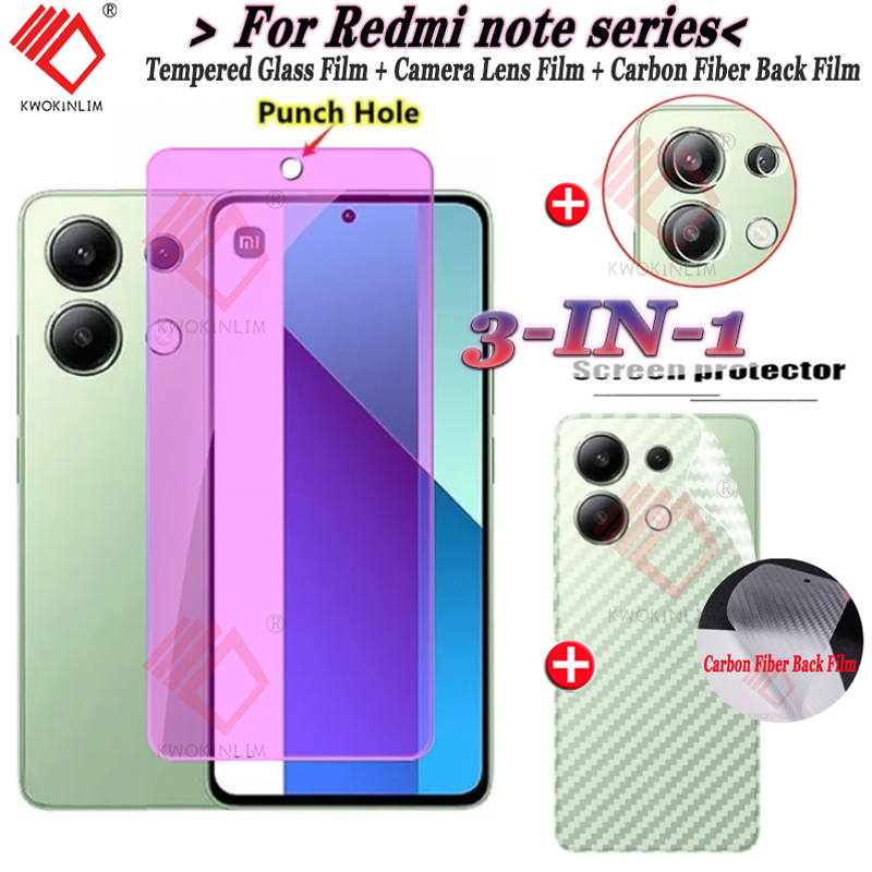 (3 in 1)For Xiaomi Redmi Note 13 13Pro 12 12S 12 Pro 11 11S 11Pro+ Note 10S 10 Pro 10 4G/5G ฟิล์มกระจกนิรภัย Tempered Glass ฟิล์มกระจกกันรอยกล้องหลัง+เลนส์กล้องถ่ายรูปฟิล์ม + คาร์บอนไฟเบอร์ด้านหลังฟ