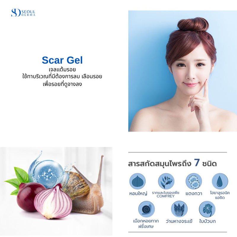 SEOUL DERMA SCAR GEL ลด เลือน รอย สกัดจาก หัวหอม เมือกหอยทาก ใบบัวบก (8 กรัม) (รักษารอยแผล)