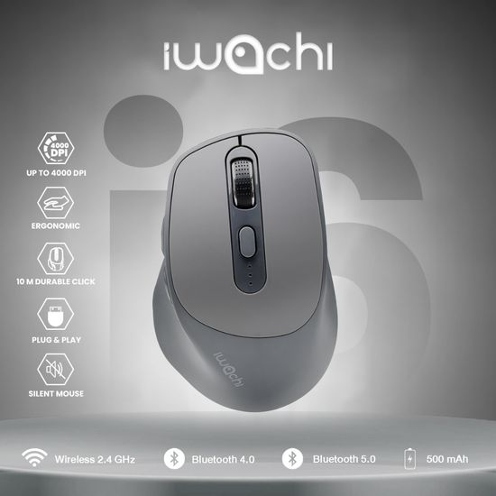 เมาส์ไร้สาย IWACHI i6 สีเทา ใช้งานได้หลายอุปกรณ์ เสียงคลิกเงียบ ไร้เสียงรบกวน ชาร์จแบตได้