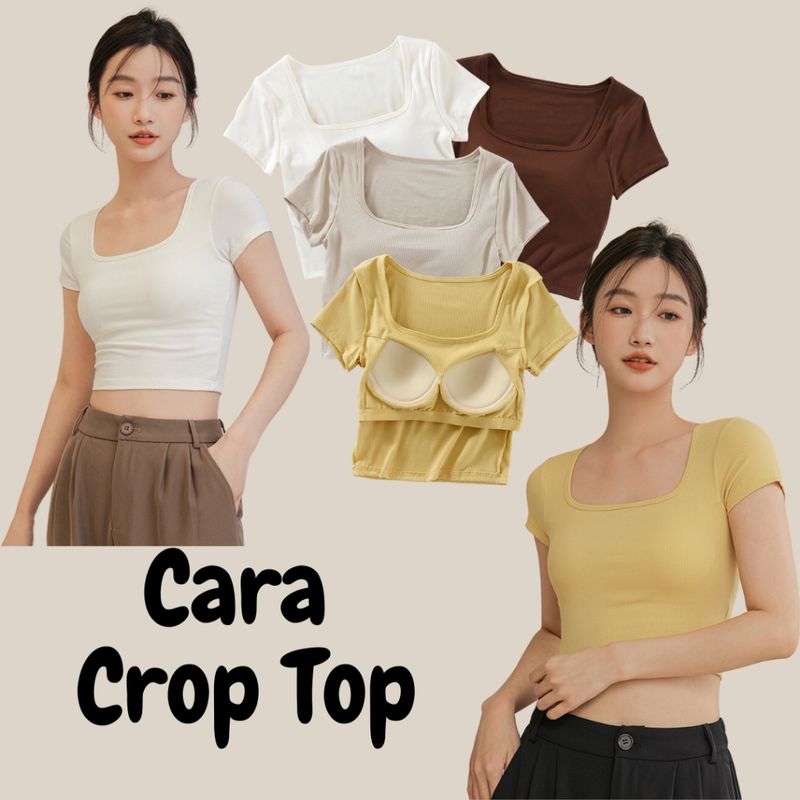 Cara Crop Top เสื้อยืดครอปสั้น คอรูปตัวยู แขนสั้น  มีซัพฟองน้ำ 2in1 มีบราในตัว