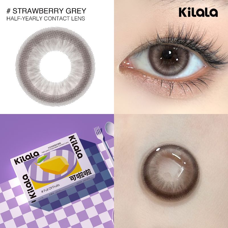 คอนแทคเลนส์ราย 6เดือน สีเทา Kilala Strawberry Grey DIA 14.2mm ค่าสายตา 0-8 1 คู่ (2 เลนส์)