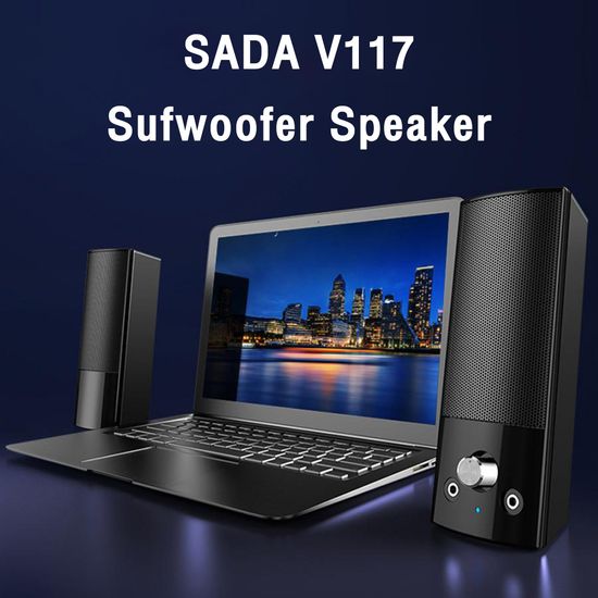 SADA V117 Stereo 2.0 Speaker ลำโพงสเตอริโอ 2.0 ด้วยลำโพงคู่ วางต่อแบบแนวนอนได้ พร้อมไฟ LED การเชื่อมต่อด้วย Jack 3.5 mm #Qoomart