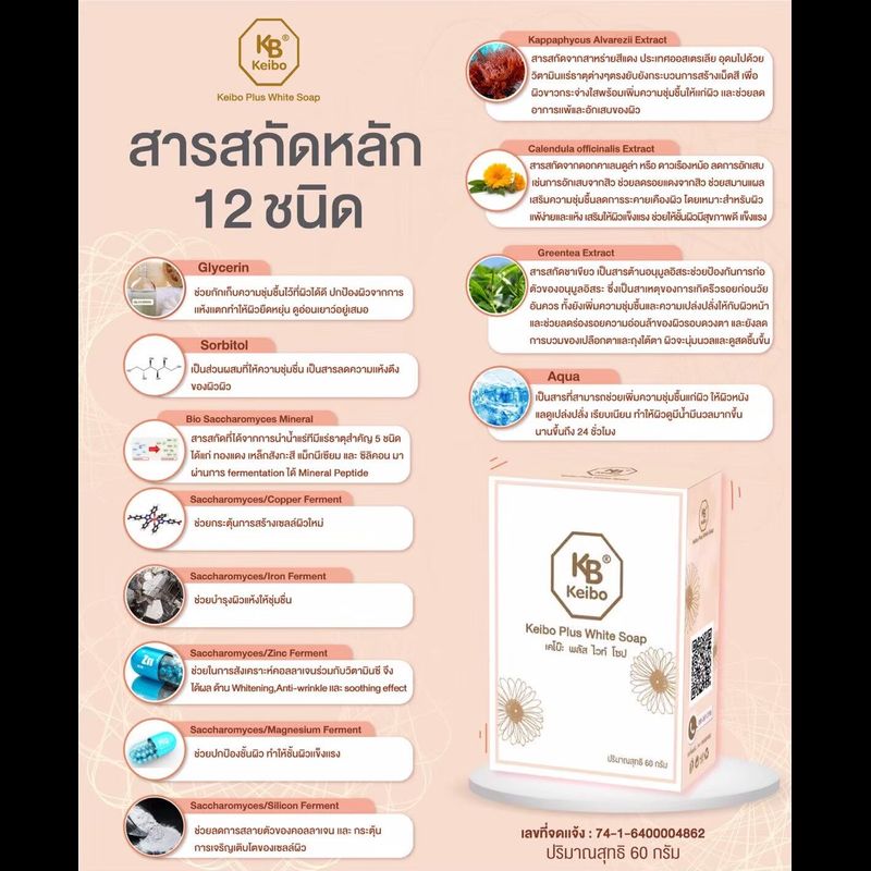 สบู่หน้าเงา เคโบ๊ะ พลัสไวท์ 1 ก้อน 60 กรัม