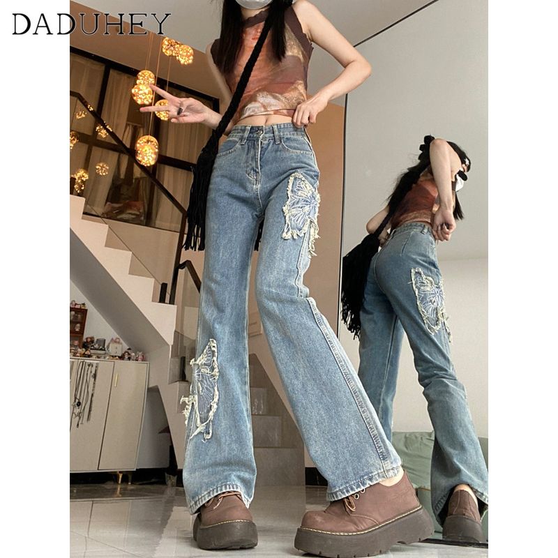 DaDuHey🎈 Women's Summer Butterfly Embroidered Retro Washed Jeans Korean Style High Waist SlimmingSlim Casual Mop Bootcut Pants