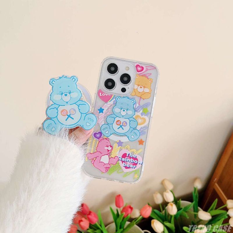 เคสโทรศัพท์มือถืออะคริลิค แบบนิ่ม ลายการ์ตูนหมี สีรุ้ง กันกระแทก สําหรับ iPhone 15 14 13 12 11 Pro Max