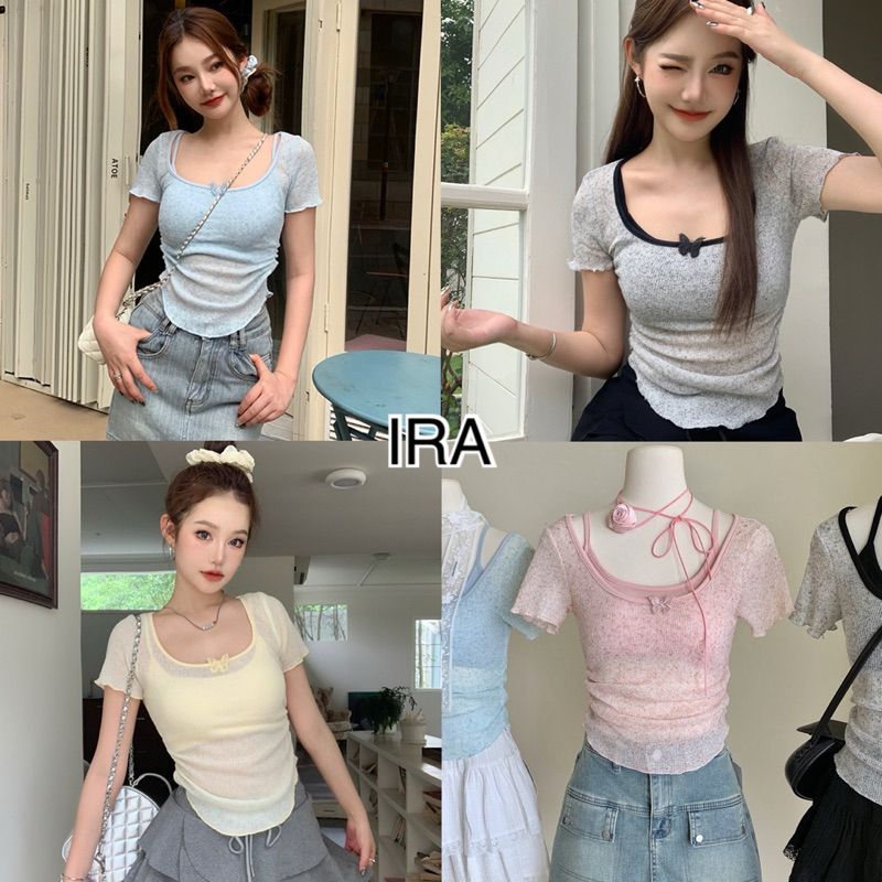 BY IRA ❤️พร้อมส่ง❤️  ( 1133 )Aggie top เสื้อยืดครอปไหมพรม แขนสั้น คอกลม ดีเทลซรีทรูบางๆ  ใส่สบาย