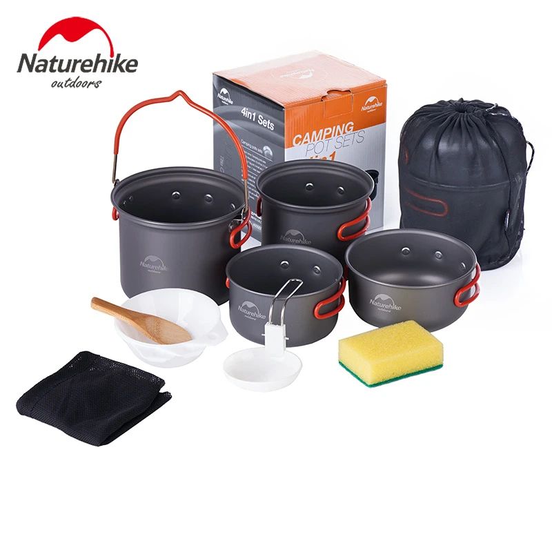 Naturehike News Ultralight Outdoor Camping เครื่องครัวสี่ชุดเครื่องครัวสำหรับปิกนิกชามหม้อ Pan Set with handle