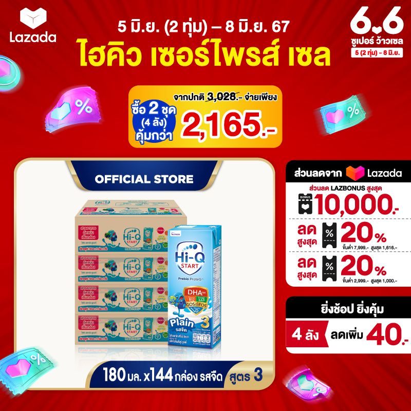 นมกล่อง ยกลัง x4 ลัง นมยูเอชที นมไฮคิว สูตร3 สตาร์ท พรีไบโอโพรเทก รสจืด 180 มล (144กล่อง) สำหรับ1ปีขึ้นไปและทุกคน นม UHT HiQ