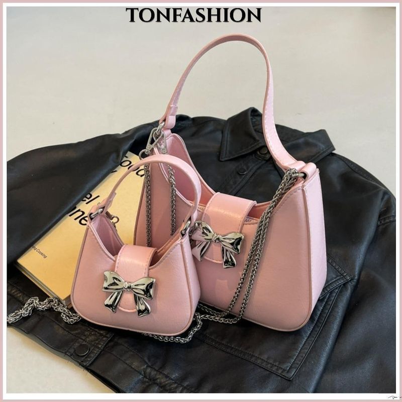 Tonfashion กระเป๋าถือ กระเป๋าสะพายไหล่ สะพายข้าง หนัง PU ประดับโบว์ สีพื้น แฟชั่นสําหรับสตรี