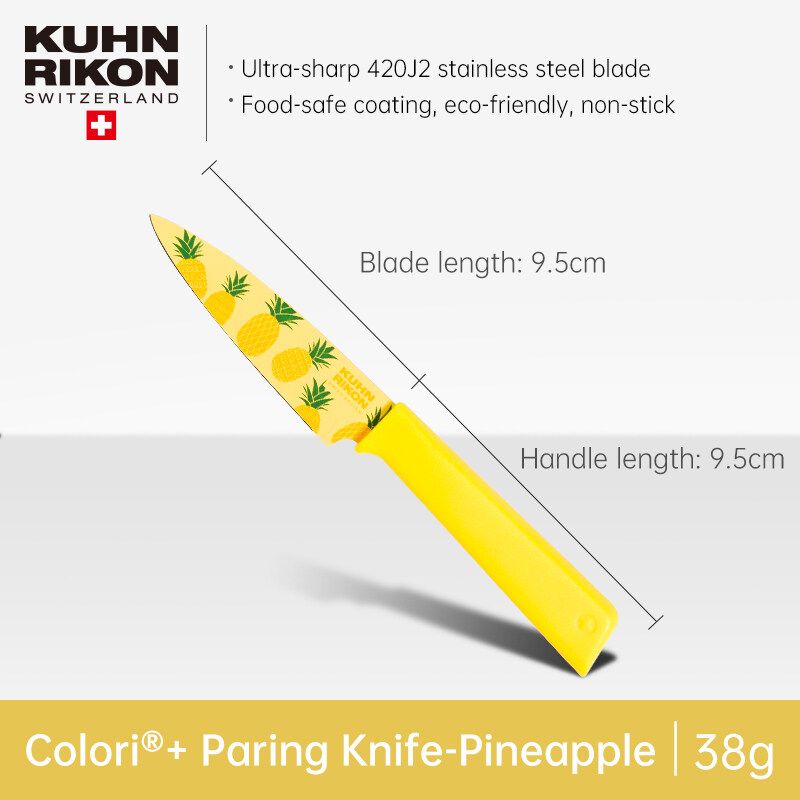 KUHN RIKON มีดตัดสี มีดผลไม้สแตนเลส มีดครัวแบบพกพา รูปแบบการพิมพ์ผลไม้ตลก วิสเคลือบไม่ติด ออกแบบสวิส Fruit Knife Santoku Knife