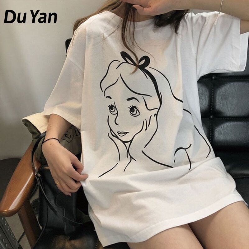 Du Yan ท็อปส์เสื้อยืดเกาหลีแขนสั้นพิมพ์ลายใหม่  นักเรียนหญิงหลวม，เสื้อแฟชั่นผญๆ 2024