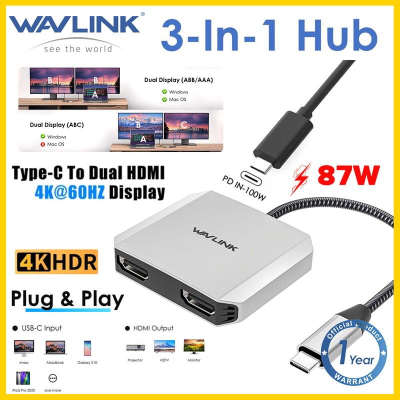 Wavlink USB-C to Dual 4K HDMI 3-in-1 Display Adapter Dual HDMI 4K 60hz พร้อมการชาร์จ PD 87W สําหรับ Windows Mac OS Linux Android iPad Pro Type C Docking Station (ต้องใช้โหมดสํารองข้อมูล DP)