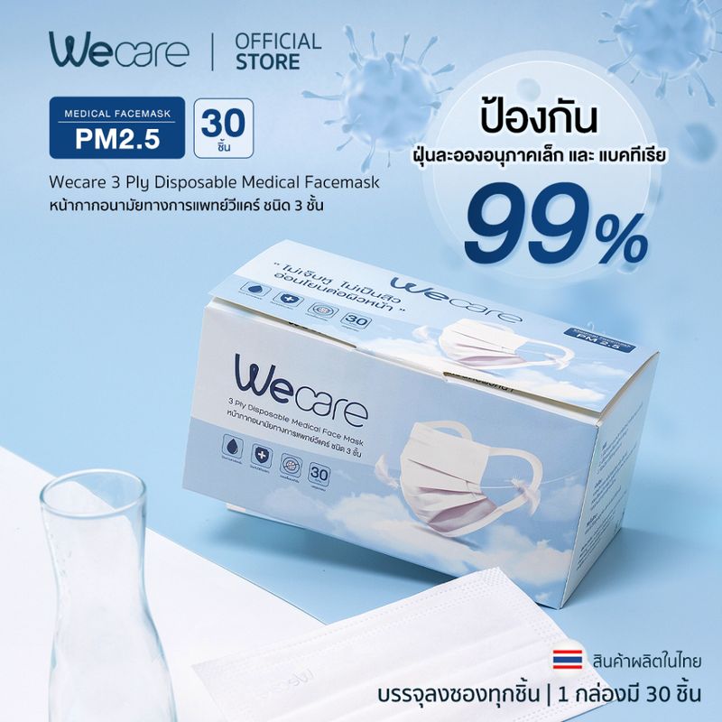 Wecare วีเเคร์ หน้ากากอนามัยหูผ้าเเบบหนา แบบกล่อง 30 ชิ้น ไม่เจ็บหู ไม่เป็นสิว อ่อนโยนต่อผิวแพ้ง่าย