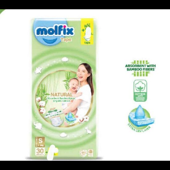 Molfix  โมลฟิกซ์ เนเชอรัล เทป ออร์แกนิค ผ้าอ้อมเด็กสำเร็จรูป รุ่นพรีเมียม ไซส์ NB/S แพ็ค 1 ห่อ