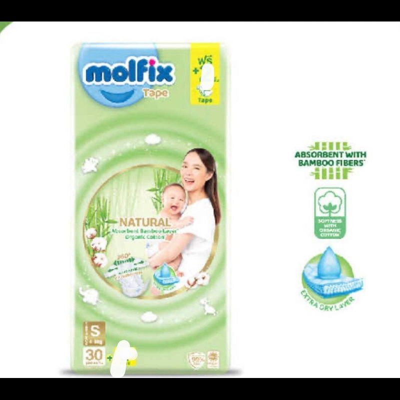 Molfix  โมลฟิกซ์ เนเชอรัล เทป ออร์แกนิค ผ้าอ้อมเด็กสำเร็จรูป รุ่นพรีเมียม ไซส์ NB/S แพ็ค 1 ห่อ