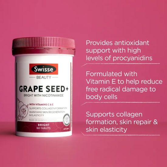 Swisse Beauty Grape Seed+ plus 14,250 mg 30/180/300 Tablets (+Nicotinamide & Vitamin E) บำรุงผิว ขาว