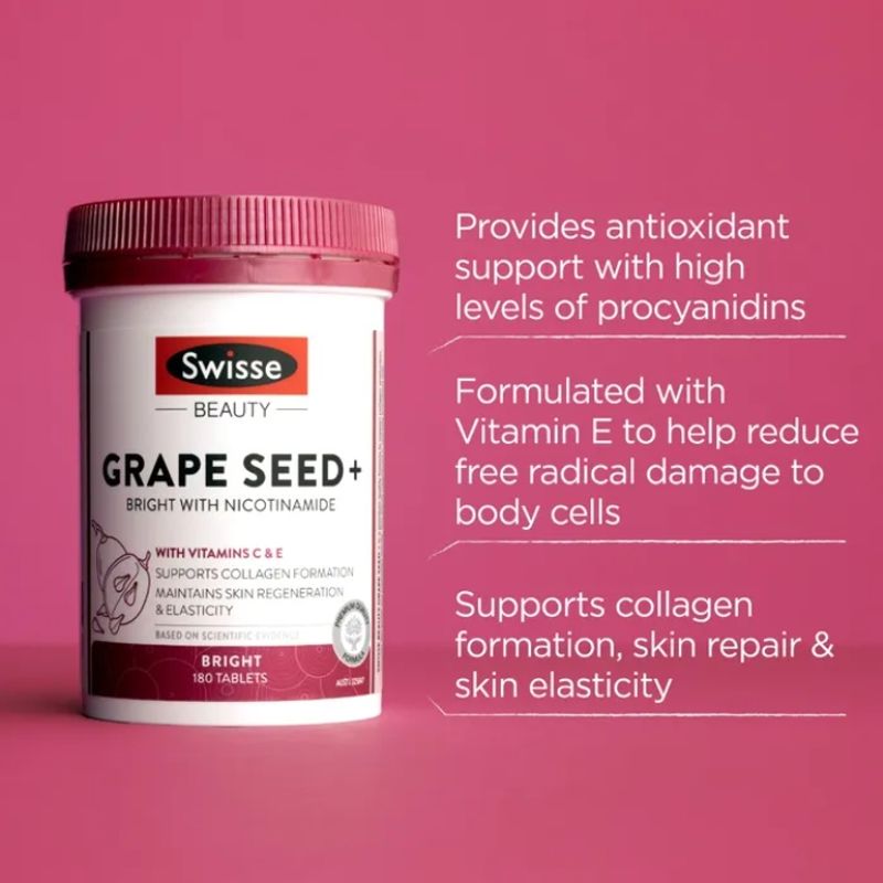 Swisse Beauty Grape Seed+ plus 14,250 mg 30/180/300 Tablets (+Nicotinamide & Vitamin E) บำรุงผิว ขาว