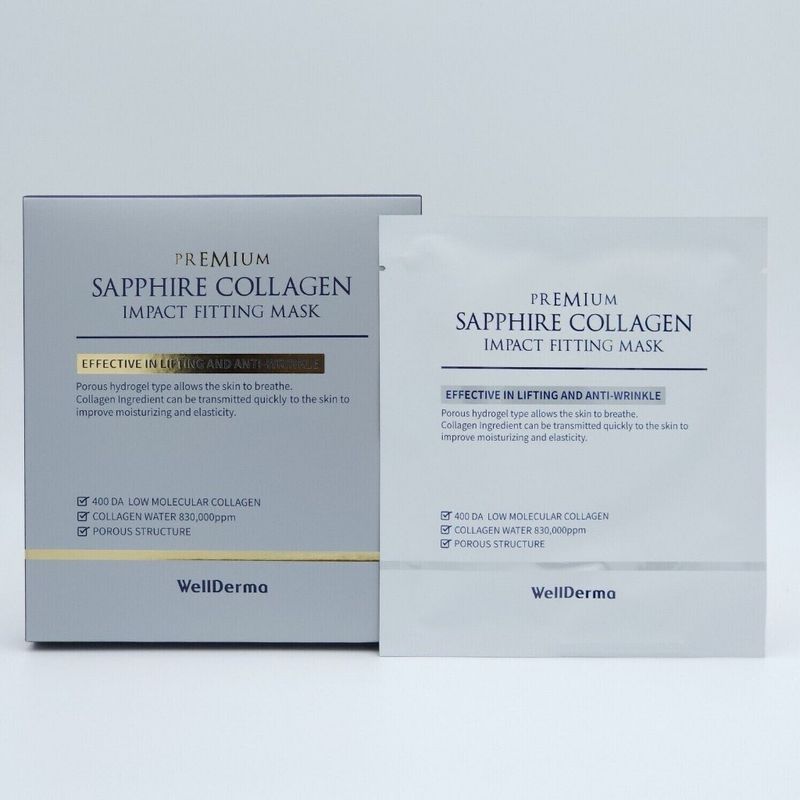 #พร้อมส่ง Exp7/6/26 #WellDerma Premium Sapphire Collagen Impact Fitting Mask 25g 1 กล่อง 4 แผ่น