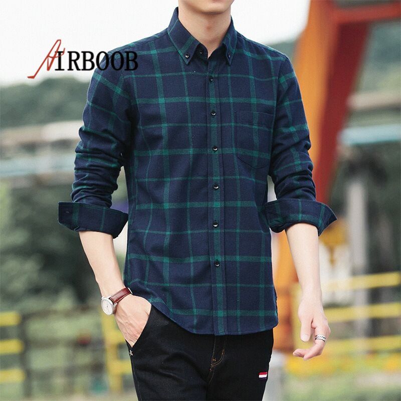 AIRBOOB ผู้ชายใหม่ของผู้ชายสบายๆผ้าฝ้ายลายสก๊อตเสื้อผ้าแนวโน้มใหญ่รหัสหนุ่มเสื้อเชิ้ตแขนยาว (6 สี)