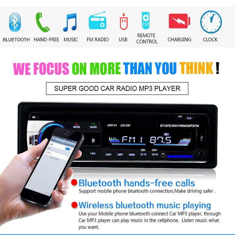 ✅JSD-520 วิทยุติดรถยนต์ Bluetooth เครื่องเล่น MP3 เครื่องเล่นมัลติมีเดีย MP3 / USB / SD / AUX / FM / TF