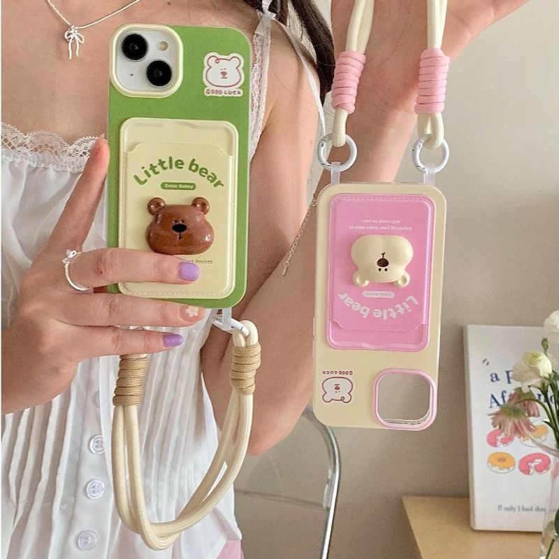 🦉ใหม่🌙ผู้ถือบัตร พร้อมสายห้อย เคส iPhone 15 14 12 13 pro max การ์ตูน หมีน้อย หวานสวย น่ารัก สีชมพู case for iPhone 11