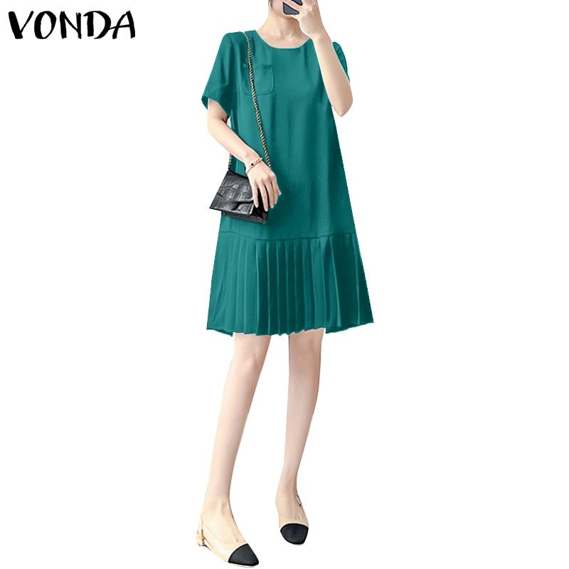 Vonda ชุดเดรส คอกลม แขนสั้น ทรงเอ จับจีบ สไตล์เกาหลี สําหรับผู้หญิง