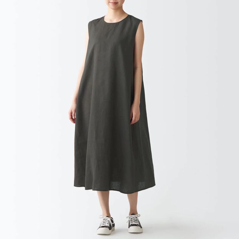 MUJI ชุดเดรสผ้าลินิน คอกลม แขนกุด FRENCH LINEN FRENCH SLEEVE DRESS