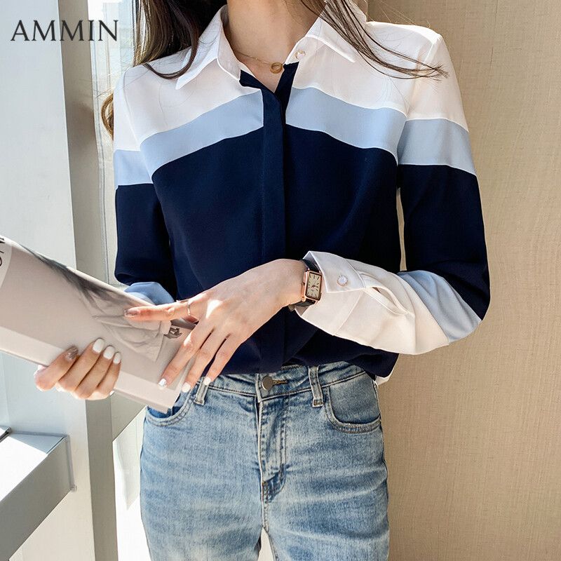 AMMIN 2021ใหม่Lapelสีคอนทราสบางเฉียบแขนยาวเสื้อสำหรับแฟชั่นสำหรับผู้หญิงCasual All-Match Topเสื้อชีฟอง