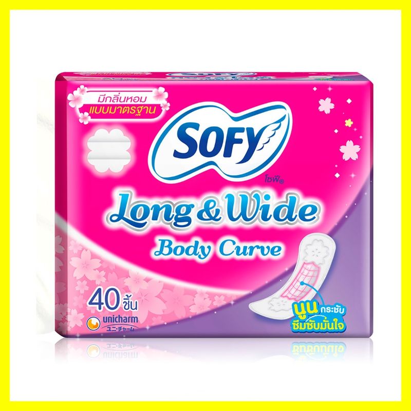 Sofy แผ่นอนามัย Long & Wide Body Curve Scented 40pcs โซฟี แผ่นอนามัยมีกลิ่นหอม นูนกระชับ ซึมซับมั่นใจ.