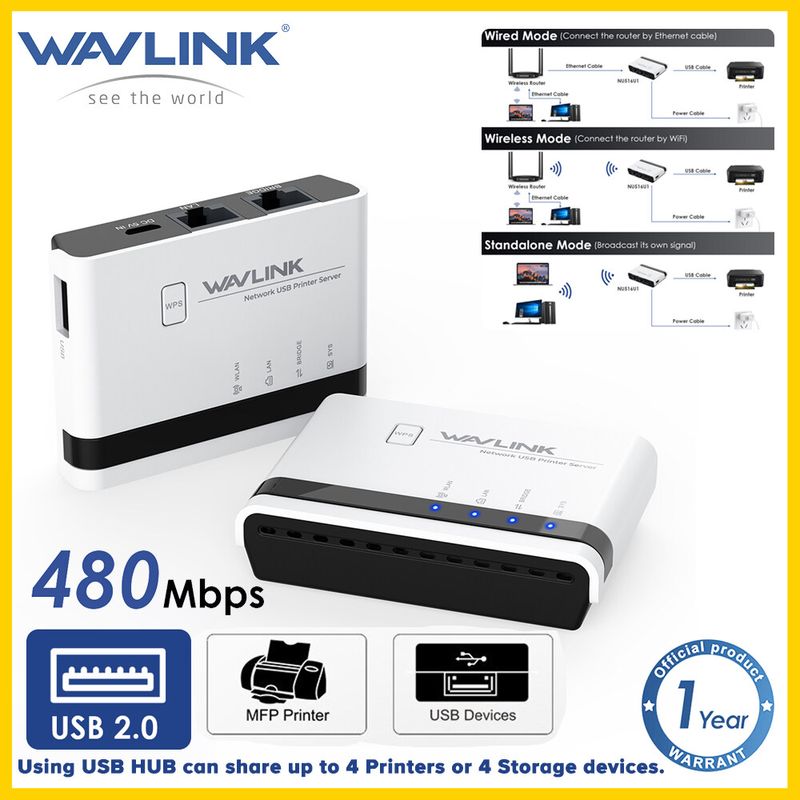 Wavlink เครื่องพิมพ์ USB ไร้สายพร้อม10/100Mbps เครือข่าย USB2.0 LAN LPR 2.4G เซิร์ฟเวอร์การพิมพ์ WiFi เหมาะสำหรับเครื่องพิมพ์ทุกรุ่นที่รองรับแบบดิบๆ