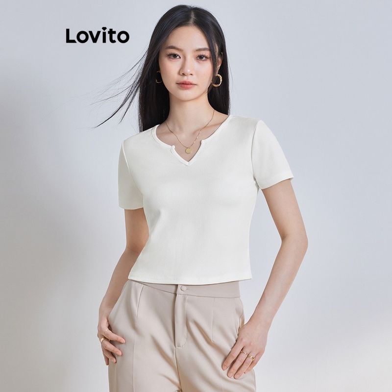 Lovito เสื้อยืดผู้หญิง เบสิก หรูหรา สีพื้น L65ED030 (สีขาว/ดำ)