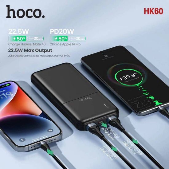 [มีมอก.] HOCO HK60 / HK19 แบตสำรอง 10000 mAh มีสายชาร์จในตัว ชาร์จเร็ว PD 20W USB 2 ช่อง พาวเวอร์แบงค์ hc7