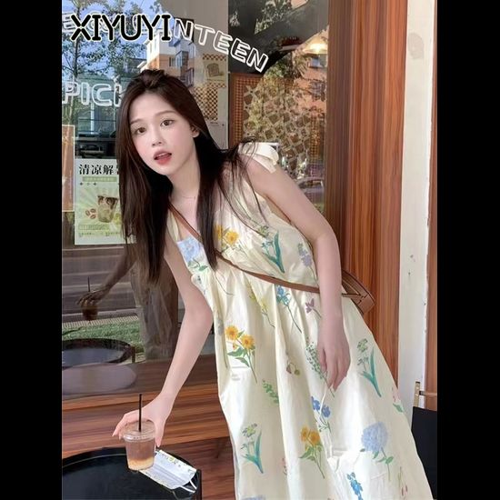 XIYUYI ชุดเดรสสตรีเกาหลี Preppy สไตล์แฟชั่นพิมพ์กระโปรง Midi Dress 2024