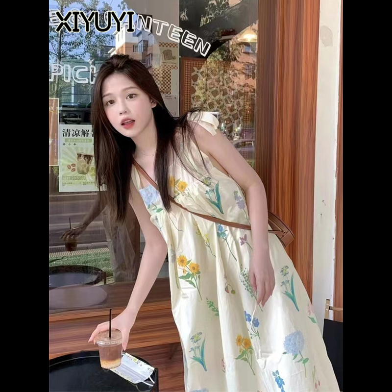 XIYUYI ชุดเดรสสตรีเกาหลี Preppy สไตล์แฟชั่นพิมพ์กระโปรง Midi Dress 2024