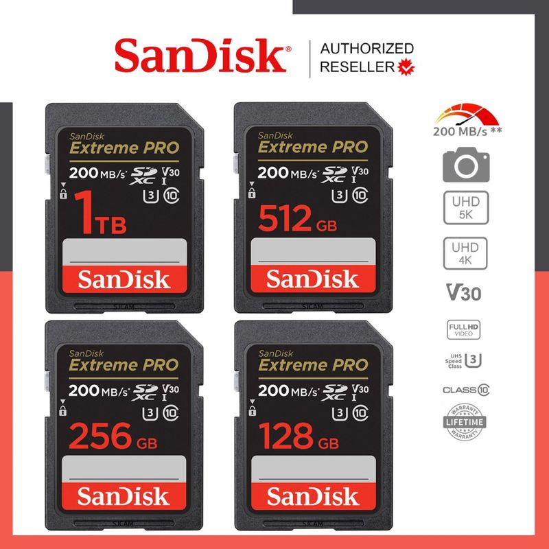 SanDisk Extreme Pro SD Card SDXC 1TB 512GB  256GB Speed R/W	200MB/s R, 140MB/s ( SDSDXXD ) เมมโมรี่การ์ด SDCARD  กล้องถ่ายภาพ DSLR ประกัน Synnex lifetime