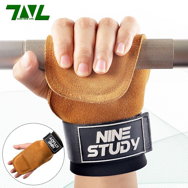 ถุงมือฟิตเนส ฟิตเนส Leather Grip pads & Strap ถุงมือ สําหรับยิม รัดข้อมือ ยกน้ําหนัก ฝึก ครอสฟิต ป้องกันการลื่นไถล ปลอกข้อมือ ถุงมือ (1คู่)