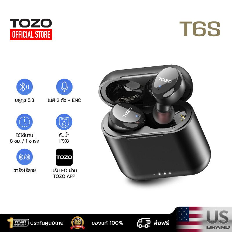 [ส่งฟรี ประกันศูนย์ไทย]  TOZO T6S หูฟังบลูทูธ หูฟังบรูทูธ In-Ear IPX8 Bluetooth 5.3