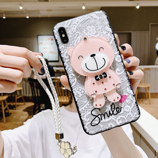 เคส Huawei Y7A Y6S Y6P Y9S Y9 Y7 Y6 P30 Nova Y70 3i 5T Pro Prime Lite NovaY70 2018 2019 2020 3D Lace Love Hard Case Cover+Hard Strap+Bear Mirror Stand