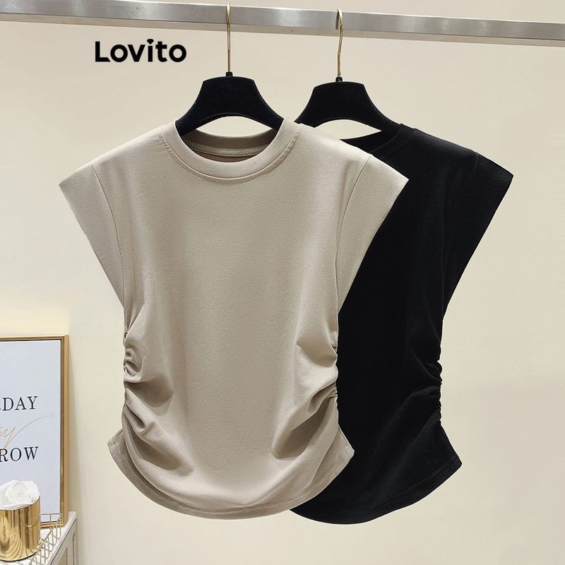 Lovito เสื้อยืดผู้หญิง เบสิก แต่งจีบย่น สีพื้น หรูหรา L74ED117 (สีเขียว / สีดำ)