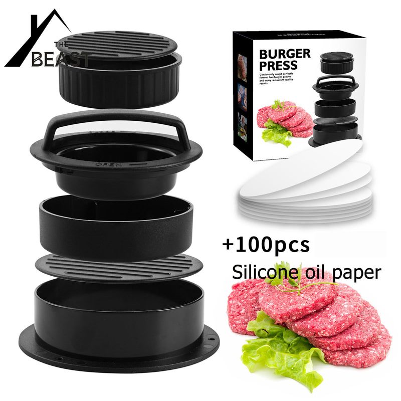 3 in 1 Burger Press Patty Stuffed Burger Maker with 100 Pcs Burger Paper Non Stick Sliders Beef Burger Press - Black