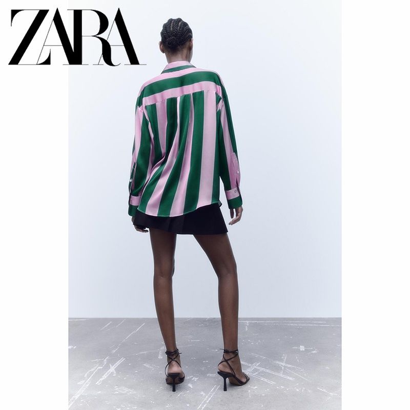 Zara ใหม่ เสื้อเชิ้ตแขนยาว ผ้าไหมซาติน ลายทาง ทรงหลวม สําหรับผู้หญิง