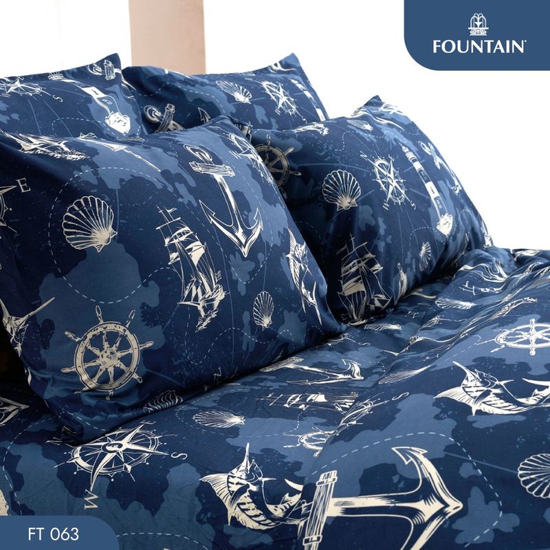 Fountain FT063 รุ่น Printed พิมพ์ลายโทนสีน้ำเงินเข้มให้สัมผัสนุ่มสบายด้วยชุดเครื่องนอนฟาวน์เทน ผ้าปูทีนอน ผ้าห่มนวม