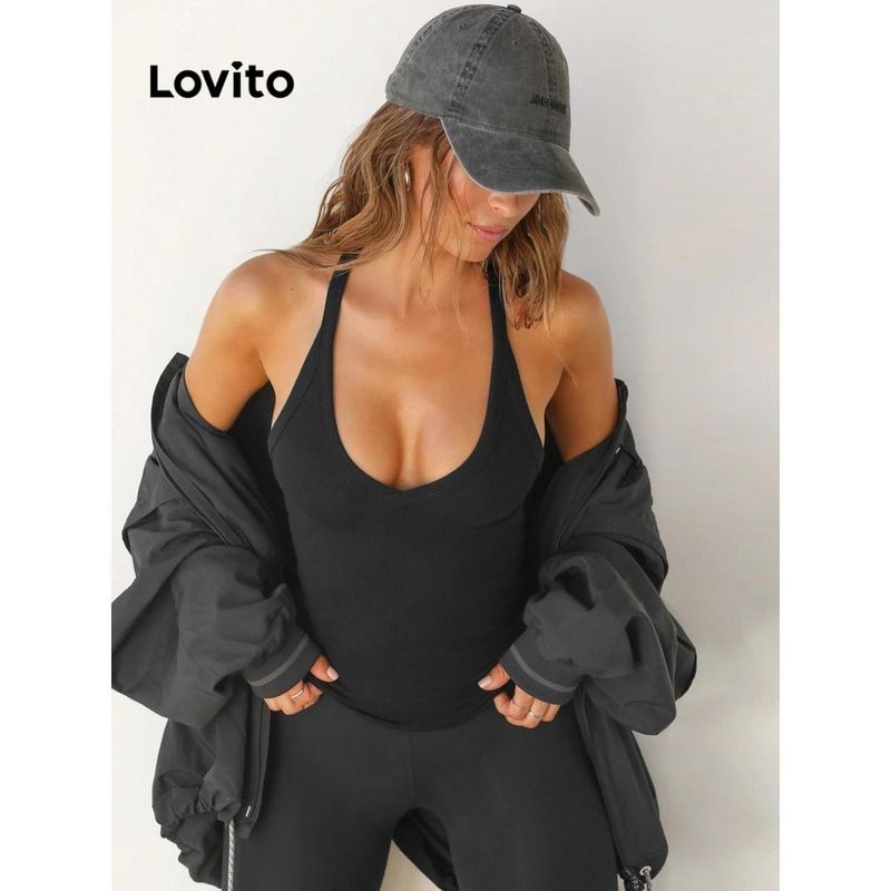 Lovito เสื้อกล้ามผู้หญิง คอยู สีพื้น สไตล์ลำลอง LNL48019