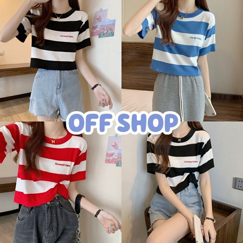 OFF SHOP พร้อมส่ง (OFF-11318)  เสื้อยืดแขนสั้นไหมพรม คอกลม ดีเทลลายทางน่ารักมาก