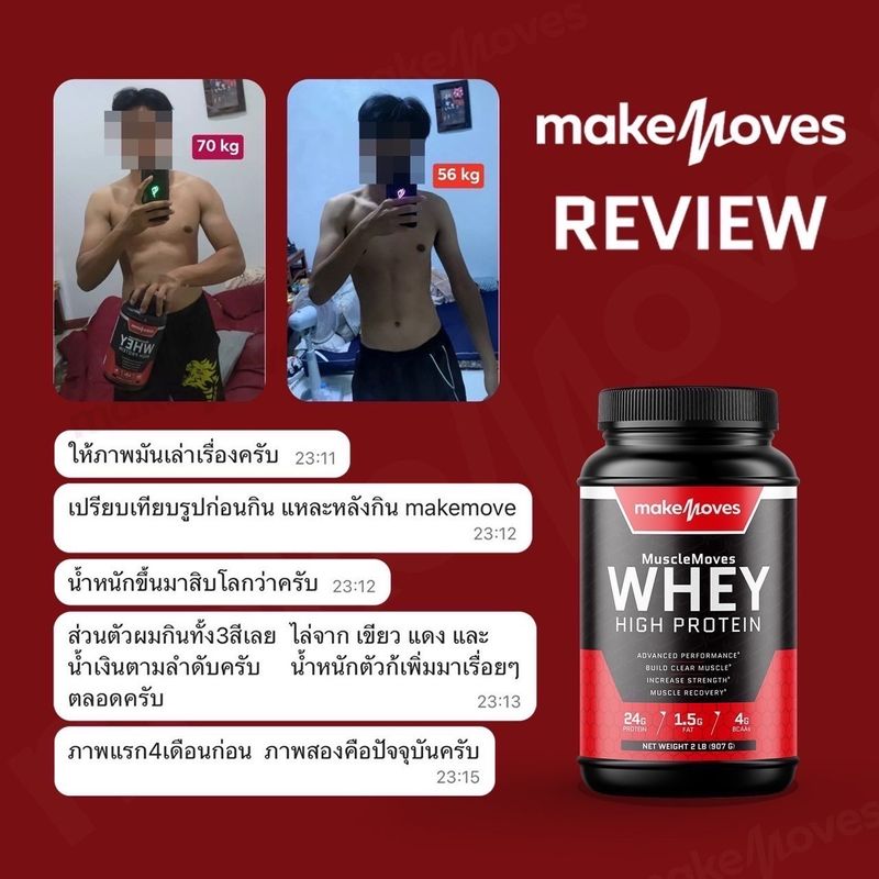 MakeMove เวย์โปรตีนสูตรเน้นเพิ่มกล้ามเนื้อ โปรตีนสูง 24g/ช้อน