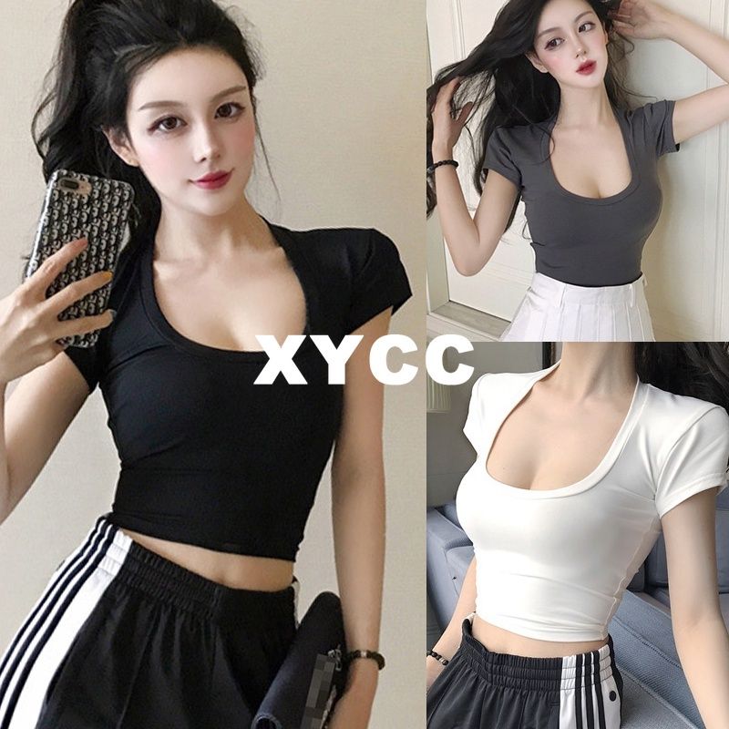 【XYCC】เสื้อครอปท็อปเซ็กซี่ คอยู สีพื้น แฟชั่นบอททอม สไตล์เกาหลี สําหรับผู้หญิง