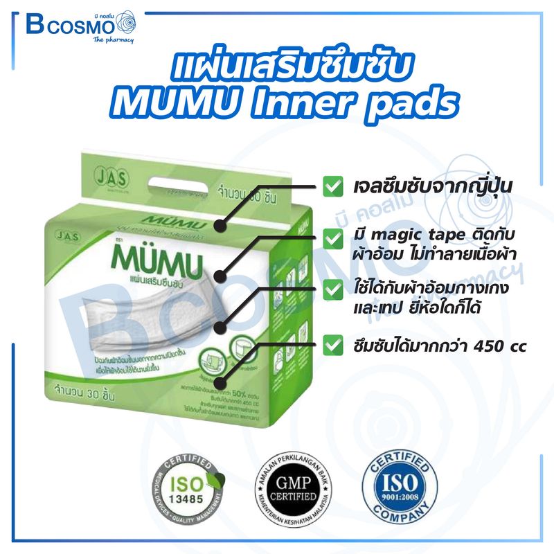 แผ่นเสริมซึมซับ MUMU  Inner pads แผ่นเจลซึมซับจากญี่ปุ่น   ช่วยยับยั้งการเจริญเติบโตของแบคที ช่วยในการกักเก็บของเหลวและกลิ่นเรีย